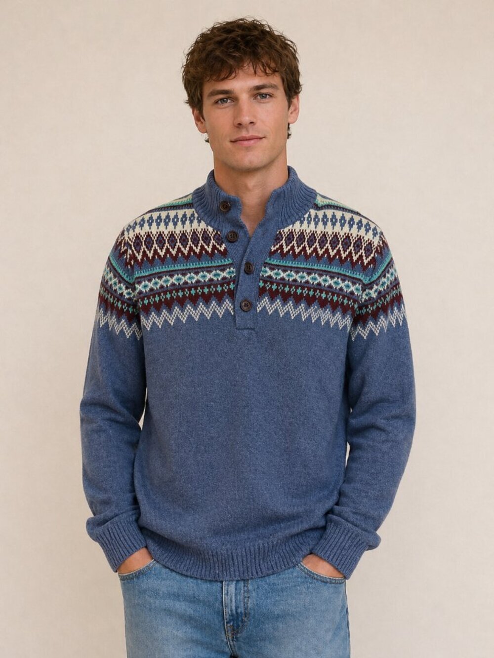 NEW IZOD Saltwater Fair Isle Sweater Mens Medium Blue Cotton